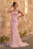 Pink Ruffle Straps 3D Flower Mermaid Long Prom Dress – Prom Dress by KissProm | Available at KissProm