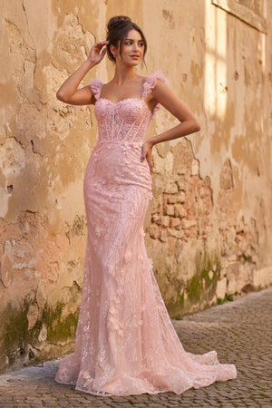 Pink Ruffle Straps 3D Flower Mermaid Long Prom Dress – Prom Dress by KissProm | Available at KissProm