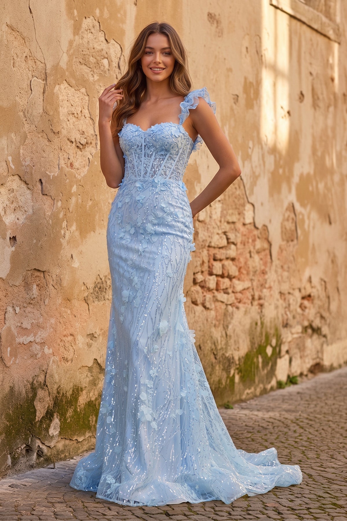 KissProm Yellow Ruffle Straps 3D Flower Mermaid Long Prom Dress, Sky Blue / 00