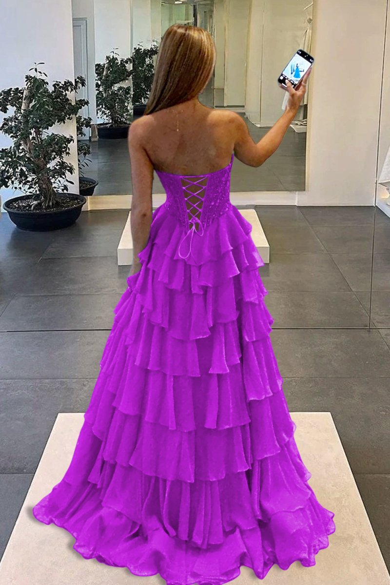 Roig | Magenta - Strapless A Line Chiffon Ruffled Prom Dresses With Appliques - KissProm