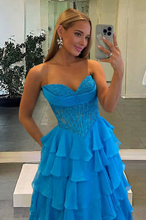 Roig | Azure - Strapless A Line Chiffon Ruffled Prom Dresses With Appliques-KissProm