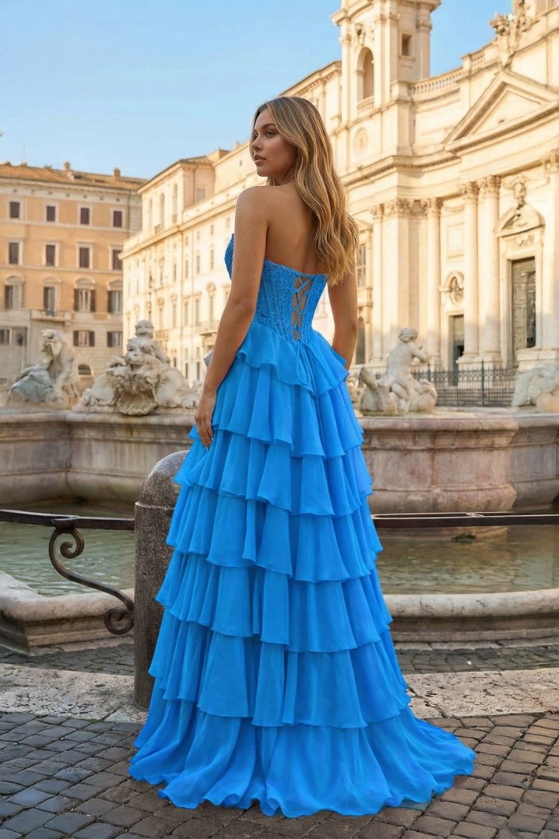 Azure Strapless A Line Chiffon Ruffled Prom Dresses With Appliques