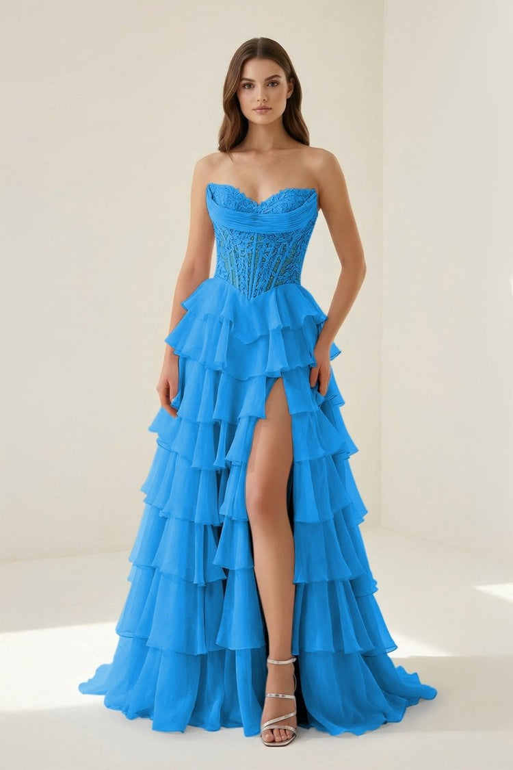Azure Strapless A Line Chiffon Ruffled Prom Dresses With Appliques