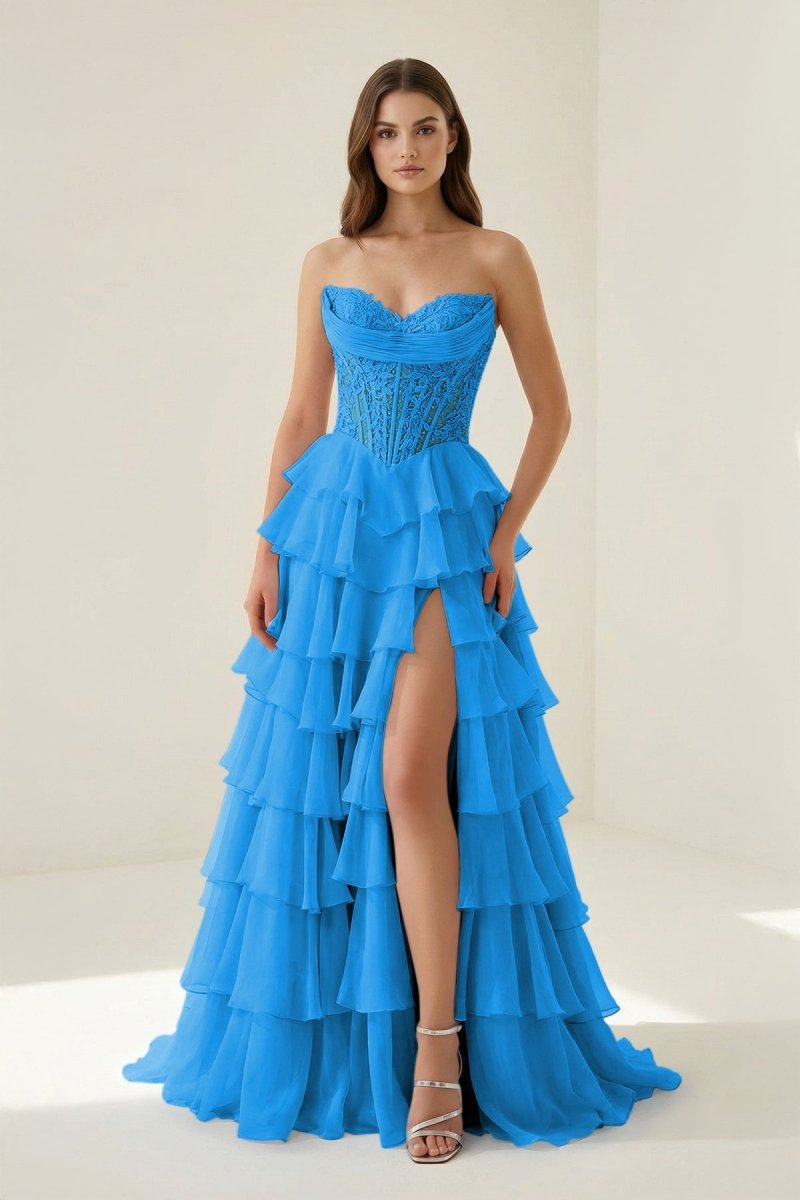 Roig | Azure - Strapless A Line Chiffon Ruffled Prom Dresses With Appliques - KissProm