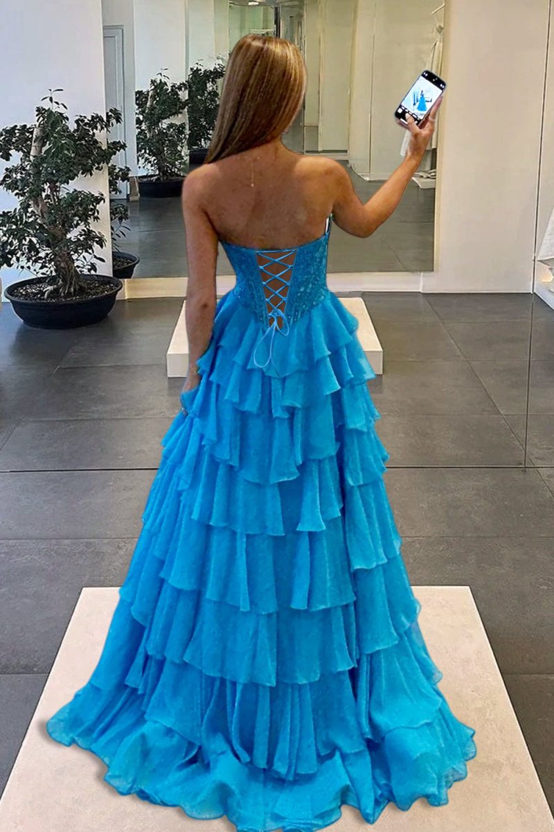 Azure Strapless A Line Chiffon Ruffled Prom Dresses With Appliques