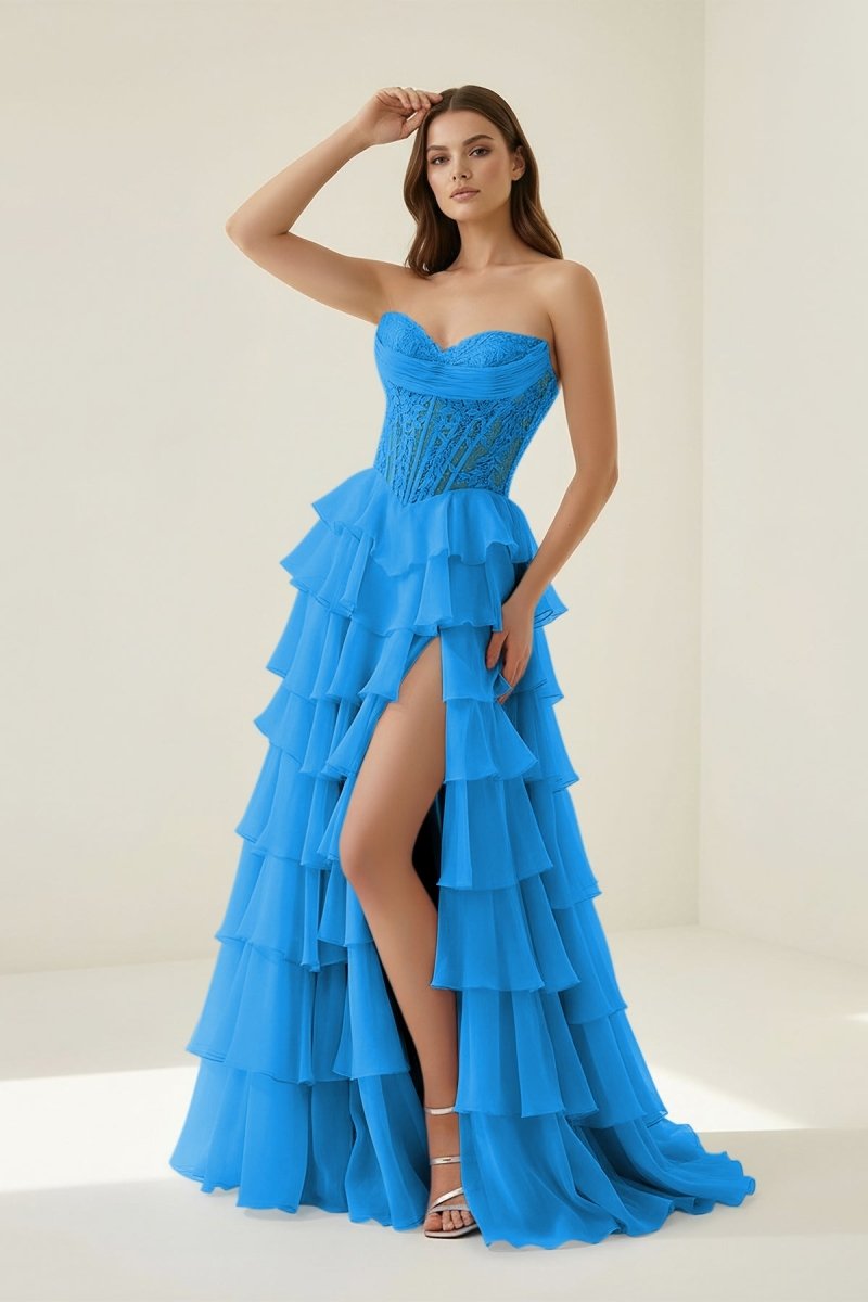 Roig | Azure - Strapless A Line Chiffon Ruffled Prom Dresses With Appliques - KissProm