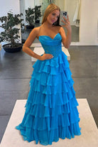 KissProm-Roig Azure Strapless A Line Chiffon Ruffled Prom Dresses With Appliques