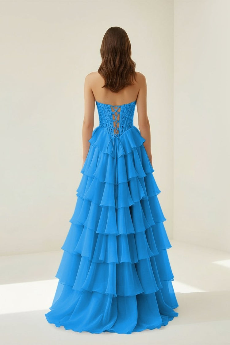 Azure Strapless A Line Chiffon Ruffled Prom Dresses With Appliques