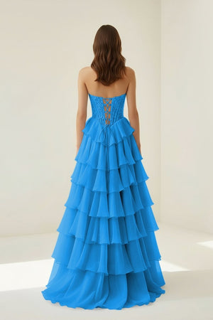 Azure - Strapless A Line Chiffon Ruffled Prom Dresses With Appliques – Prom Dress by KissProm | Available at KissProm