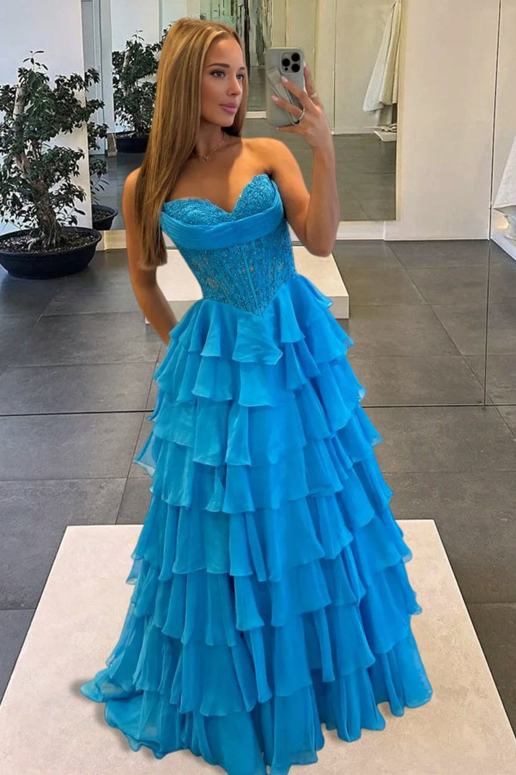 Azure Strapless A Line Chiffon Ruffled Prom Dresses With Appliques
