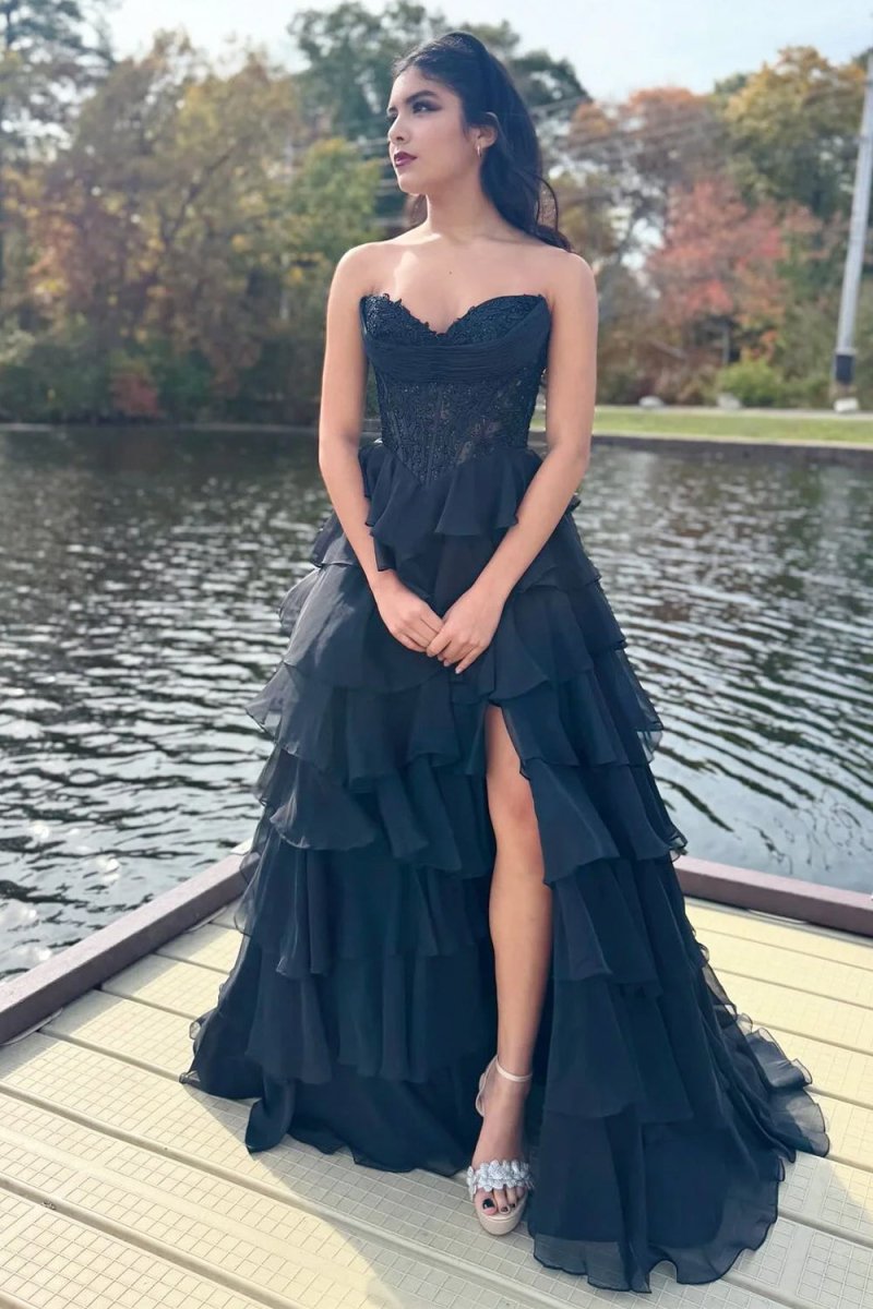 KissProm-Roig Black Strapless A Line Chiffon Ruffled Prom Dresses With Appliques