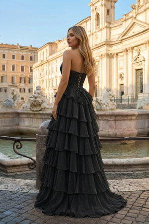 KissProm-Black- Strapless A Line Chiffon Ruffled Prom Dresses With Appliques