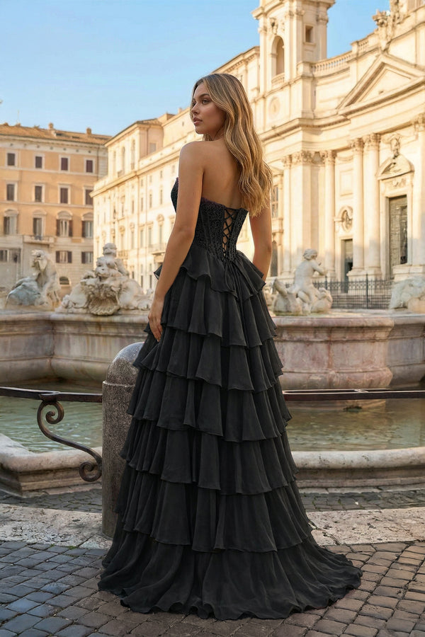 KissProm-Black- Strapless A Line Chiffon Ruffled Prom Dresses With Appliques