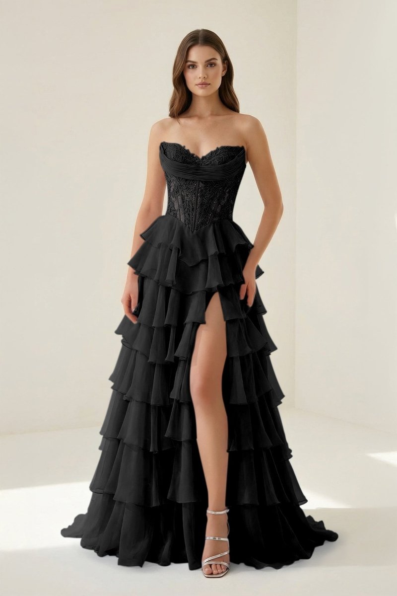 Roig | Black - Strapless A Line Chiffon Ruffled Prom Dresses With Appliques - KissProm