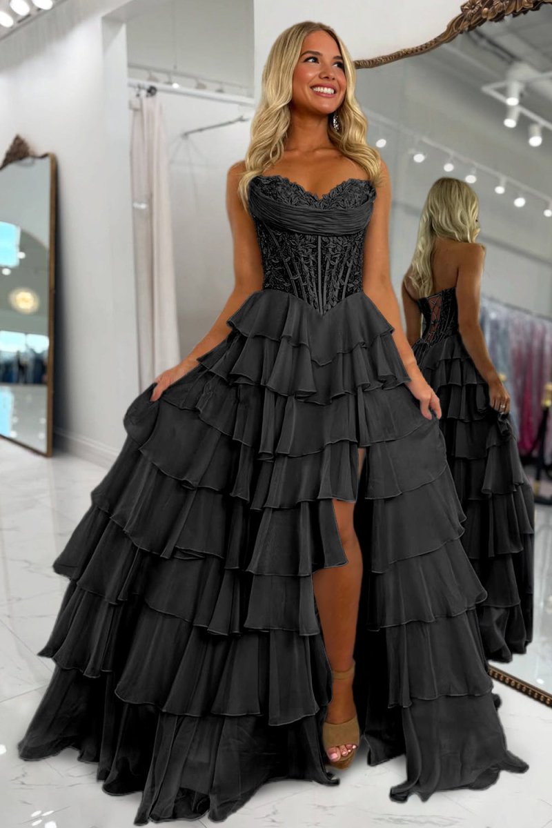 Roig | Black - Strapless A Line Chiffon Ruffled Prom Dresses With Appliques - KissProm