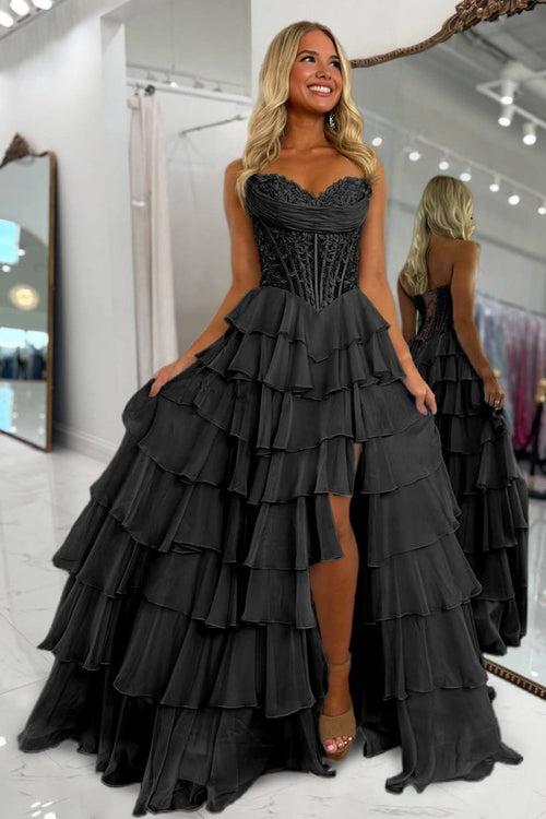 Roig | Black - Strapless A Line Chiffon Ruffled Prom Dresses With Appliques - KissProm