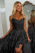Roig | Black - Strapless A Line Chiffon Ruffled Prom Dresses With Appliques - KissProm
