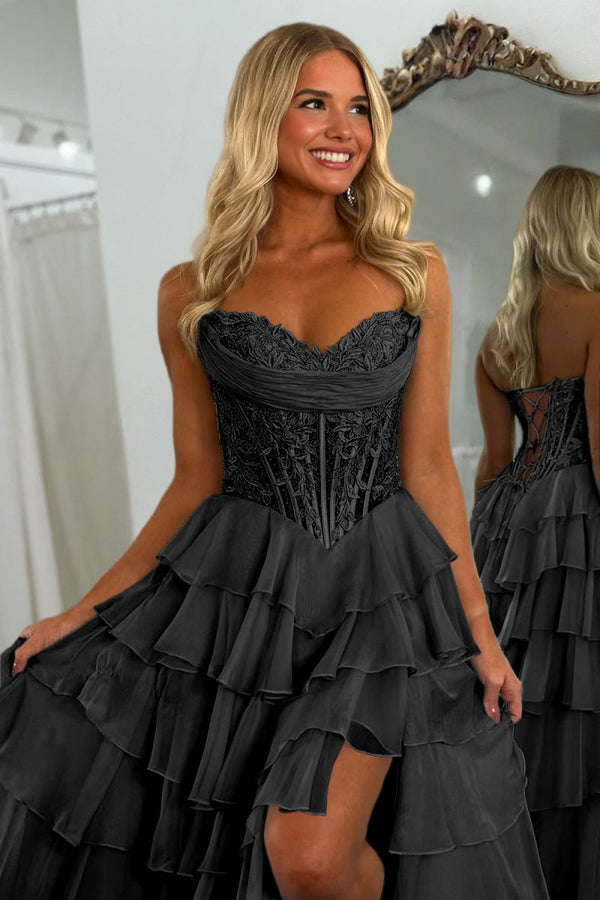 Roig | Black - Strapless A Line Chiffon Ruffled Prom Dresses With Appliques - KissProm