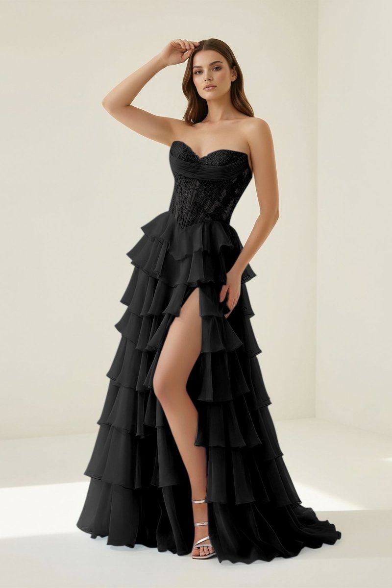 Roig | Black - Strapless A Line Chiffon Ruffled Prom Dresses With Appliques - KissProm