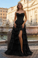 Black - Sweetheart A Line Chiffon Ruffled Prom Dresses With Appliques – Prom Dress by KissProm | Available at KissProm