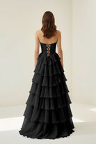 Roig | Black - Strapless A Line Chiffon Ruffled Prom Dresses With Appliques - KissProm