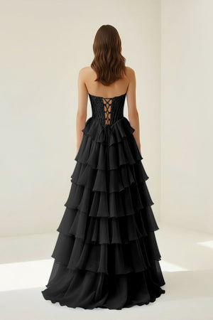 Roig | Black - Strapless A Line Chiffon Ruffled Prom Dresses With Appliques - KissProm