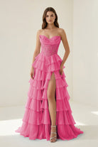 Roig | Hot Pink - Strapless A Line Chiffon Ruffled Prom Dresses With Appliques - KissProm