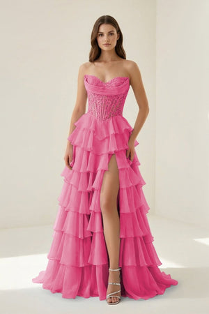 Roig | Hot Pink - Strapless A Line Chiffon Ruffled Prom Dresses With Appliques - KissProm