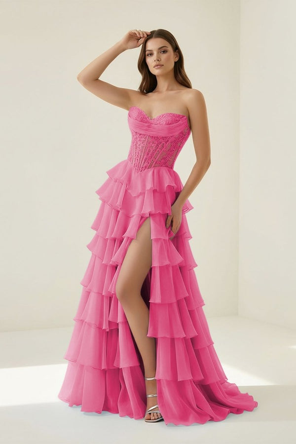 Roig | Hot Pink - Strapless A Line Chiffon Ruffled Prom Dresses With Appliques - KissProm