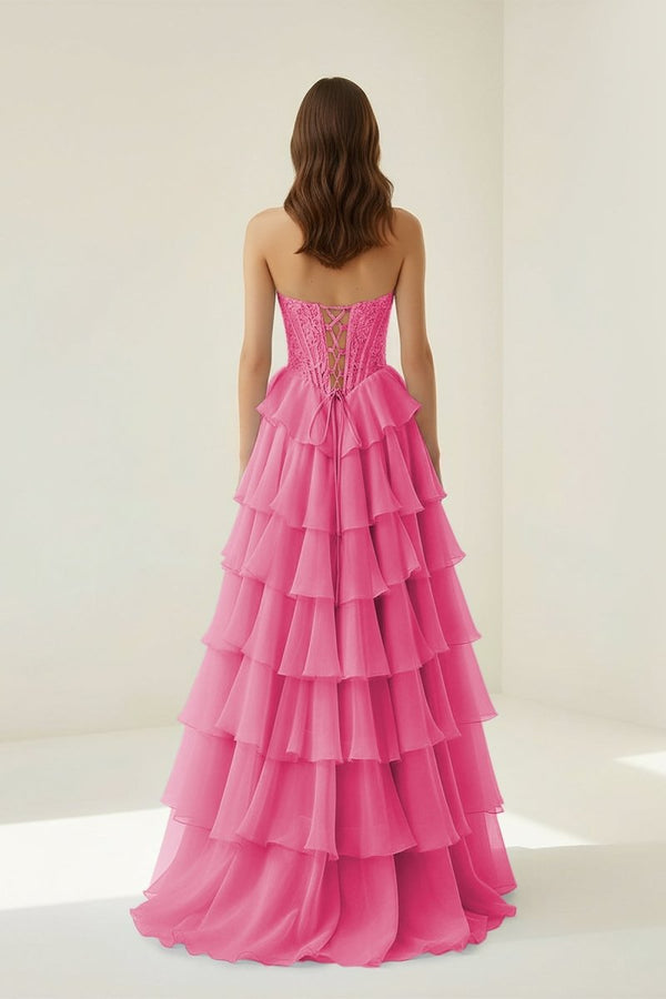 Roig | Hot Pink - Strapless A Line Chiffon Ruffled Prom Dresses With Appliques - KissProm