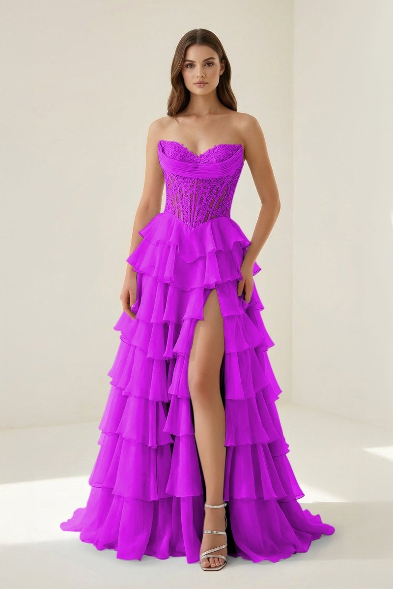 Roig | Magenta - Strapless A Line Chiffon Ruffled Prom Dresses With Appliques - KissProm