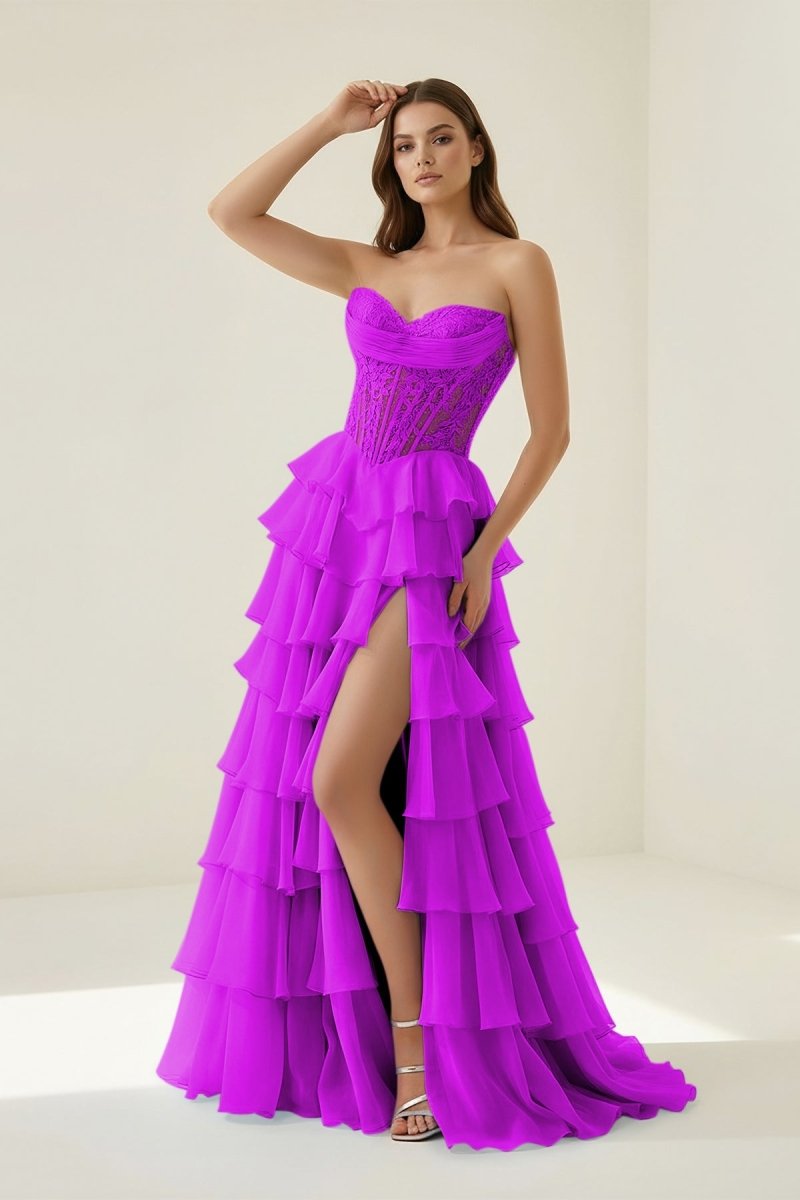 Roig | Magenta - Strapless A Line Chiffon Ruffled Prom Dresses With Appliques - KissProm