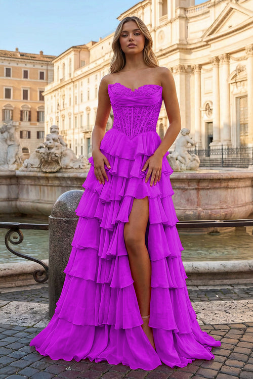 KissProm- Magenta - Strapless A Line Chiffon Ruffled Prom Dresses With Appliques