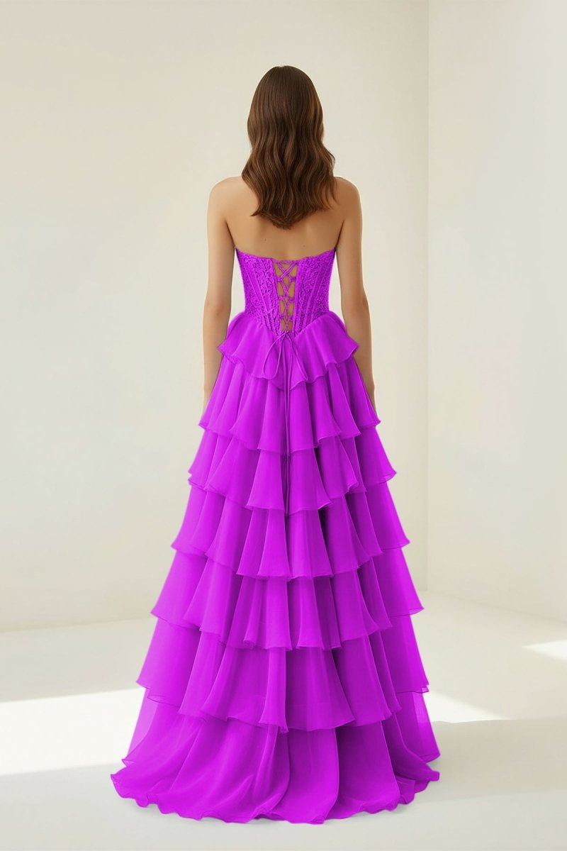 Roig | Magenta - Strapless A Line Chiffon Ruffled Prom Dresses With Appliques - KissProm