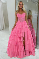 Roig | Hot Pink - Strapless A Line Chiffon Ruffled Prom Dresses With Appliques - KissProm