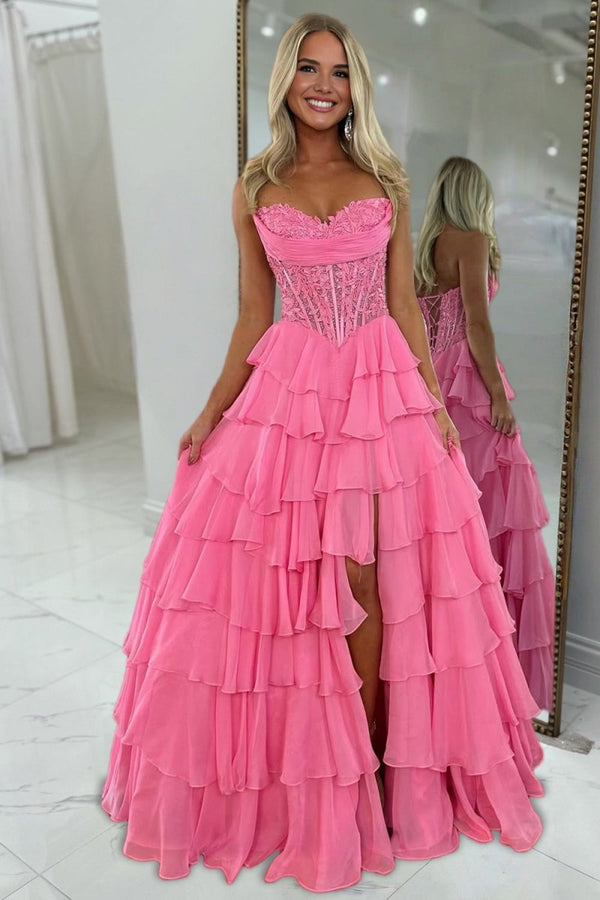 Roig | Hot Pink - Strapless A Line Chiffon Ruffled Prom Dresses With Appliques - KissProm