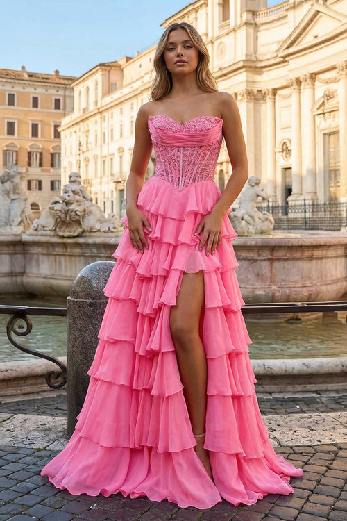 KissProm-Hot Pink Strapless A Line Chiffon Ruffled Prom Dresses With Appliques