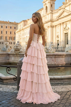 KissProm- Pink - Strapless A Line Chiffon Ruffled Prom Dresses With Appliques