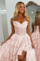 Roig | Pink - Strapless A Line Chiffon Ruffled Prom Dresses With Appliques - KissProm