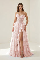 Roig | Pink - Strapless A Line Chiffon Ruffled Prom Dresses With Appliques - KissProm