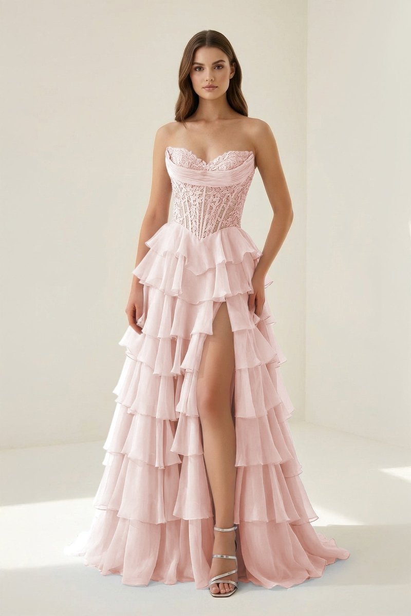 Roig | Pink - Strapless A Line Chiffon Ruffled Prom Dresses With Appliques - KissProm