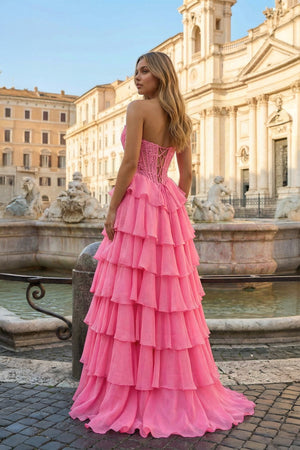 KissProm-Hot Pink Strapless A Line Chiffon Ruffled Prom Dresses With Appliques