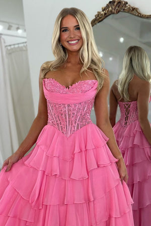 Roig | Hot Pink - Strapless A Line Chiffon Ruffled Prom Dresses With Appliques - KissProm