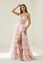 Roig | Pink - Strapless A Line Chiffon Ruffled Prom Dresses With Appliques - KissProm