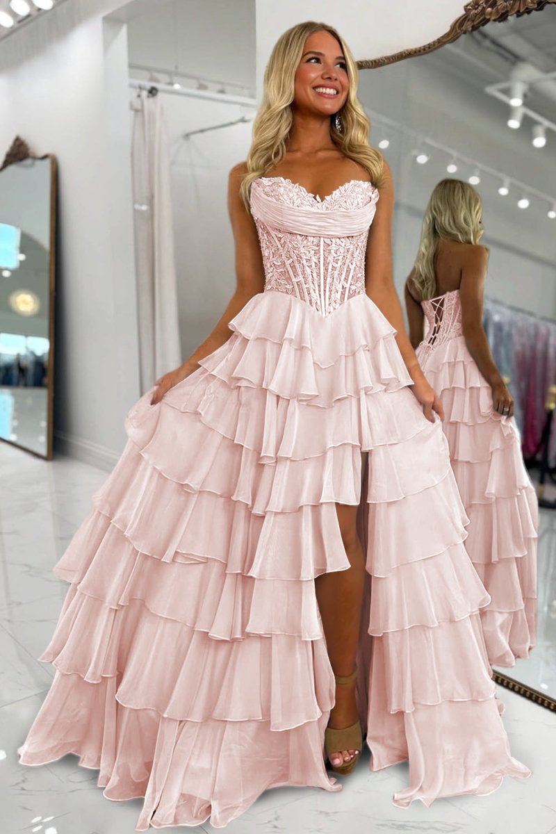 Roig | Pink - Strapless A Line Chiffon Ruffled Prom Dresses With Appliques - KissProm
