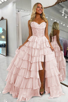 Roig | Pink - Strapless A Line Chiffon Ruffled Prom Dresses With Appliques - KissProm