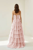 Roig | Pink - Strapless A Line Chiffon Ruffled Prom Dresses With Appliques - KissProm