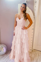 Roig | Pink - Strapless A Line Chiffon Ruffled Prom Dresses With Appliques - KissProm