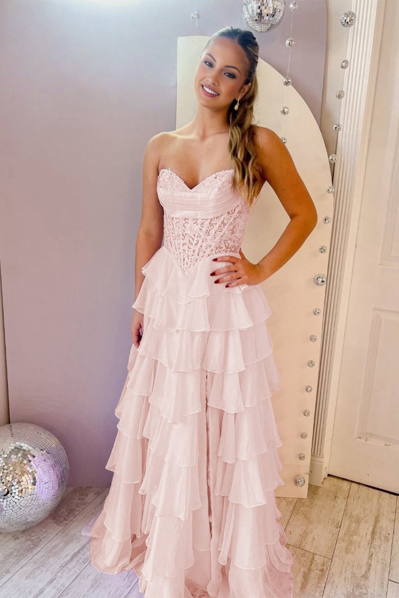 Roig | Pink - Strapless A Line Chiffon Ruffled Prom Dresses With Appliques - KissProm