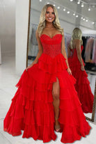 Roig | Red - Strapless A Line Chiffon Ruffled Prom Dresses With Appliques - KissProm